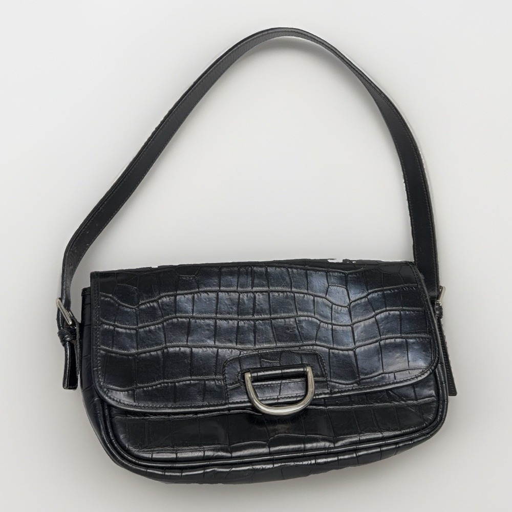 Vintage Dooney & Bourke Croc Embossed Leather Wide Short Shoulder Bag Black Y2K